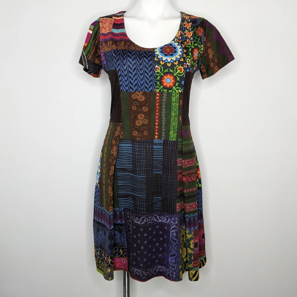 Desigual colorful patchwork pattern short sleeve dress L - Picture 1 of 9